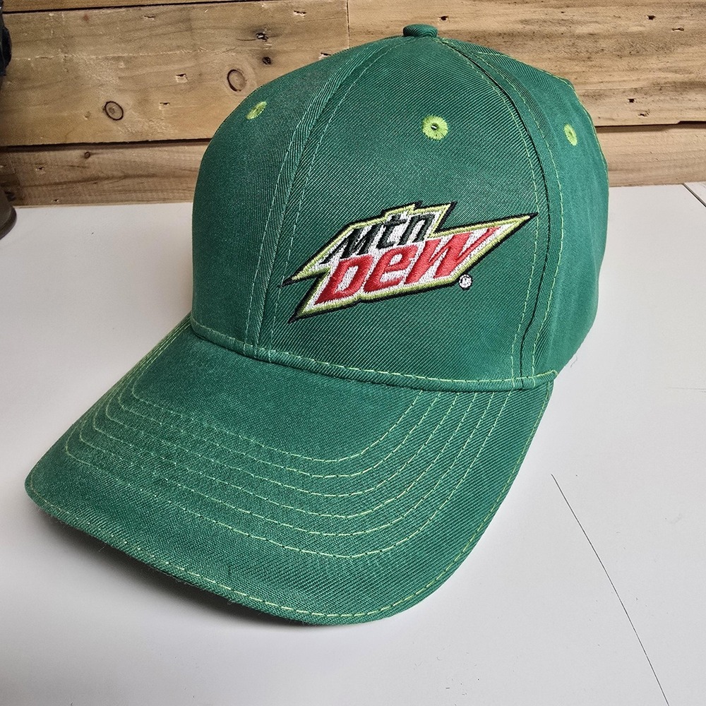Mountain Dew Hat Cap Strap Back Green Embroidered Soda Advertising Mens Classic - Picture 2 of 8